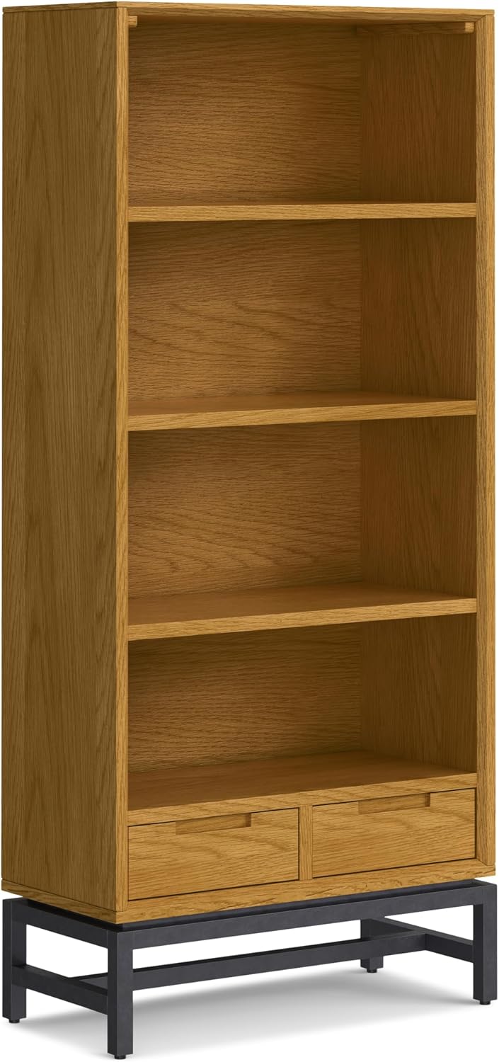 SIMPLIHOME Banting Bookcase - 66 inch Tall Solid Oak Veneer and Metal Bookshelf, Industrial Storage for Living Room, Study Room or Office with Open Shelves and Metal Frame