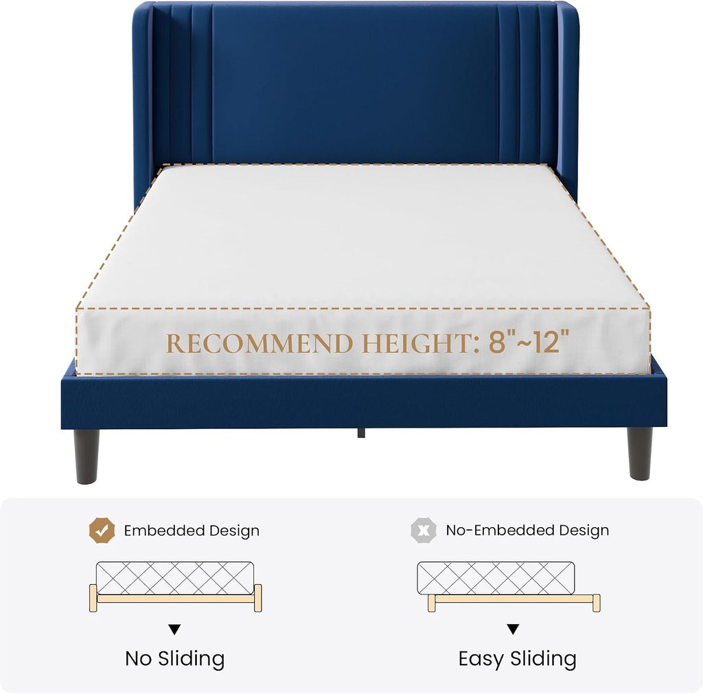 SHA CERLIN Full Size Velvet Upholstered Platform Bed Frame with Vertical Channel Tufted Wingback Headboard, Wooden Slats Support, Easy Assembly, Under Bed Storage, No Box Spring Required, Blue
