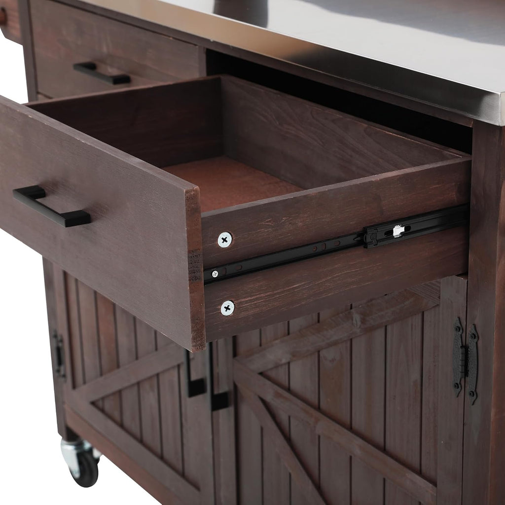 54.1' Outdoor Kitchen Island with High Shelf, Large Outdoor Potting Bench Table with Stainless Steel Top and Storage, Solid Wood Grill Cart With Lockable Wheels for BBQ, Garden (Brown-54.1')