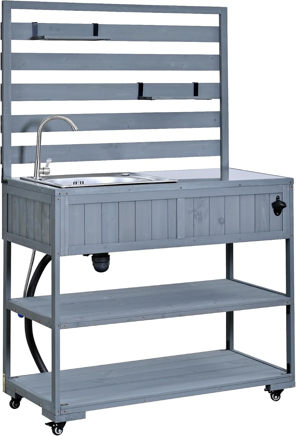Merax Outdoor Rolling Kitchen Island with Sink, 41.7' Solid Wood Patio Cart Stainless Steel Top, Garden Potting Bench Table on Wheels, BBQ Prep Station with Shelves & Bottle Opener, Gray