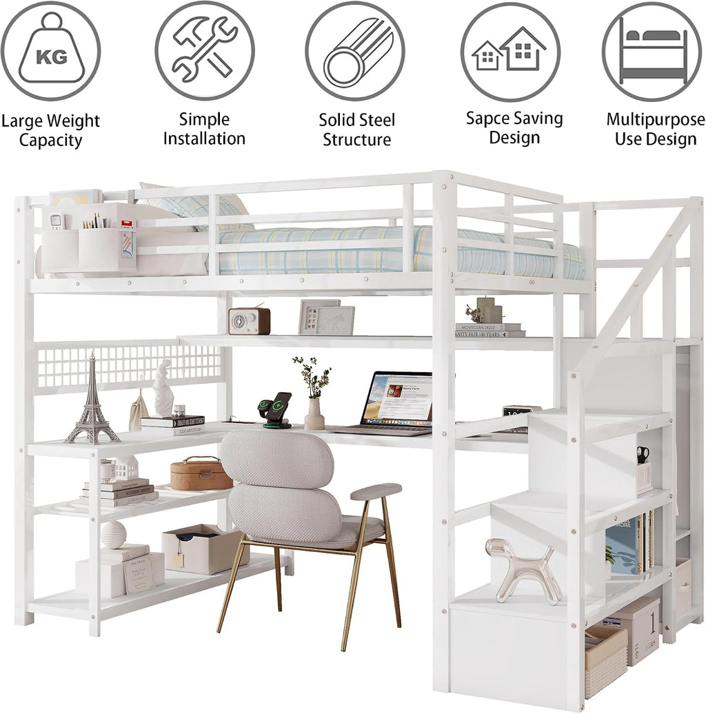 Full Size Loft Bed with Stairs and Desk,Metal Gaming LoftBed with LED Lights,Charging Station, High Loft Beds Frame Full with Storage Shelves,Wardrobe for Teens, Adults, White