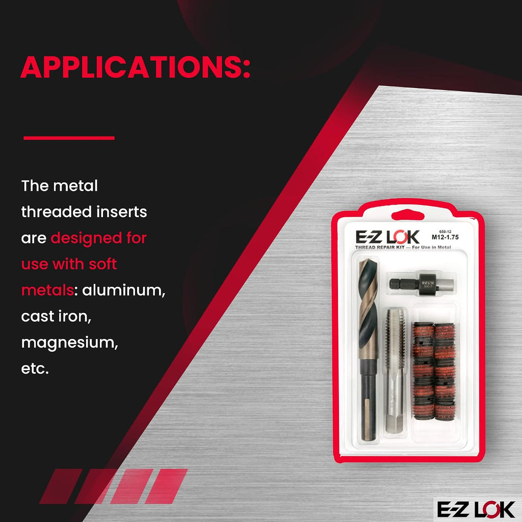 E-Z LOK EZ-650-12 Thread Repair Kit for Metal Carbon Steel Threaded Inserts M12-1.75 and Installation Tools