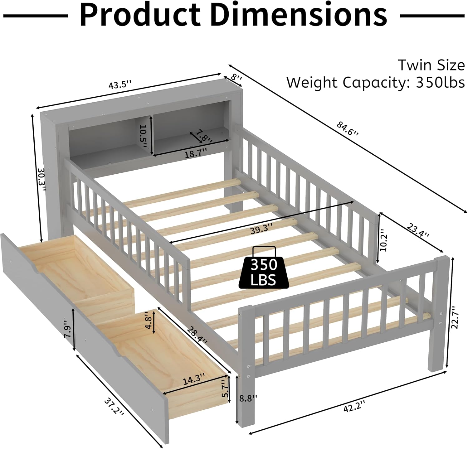 Kids Twin Size Bed Frame with Storage Drawers and Bookcase,Wood Twin Bed Frames for Kids,Twin Bed Frame with Headboard and Footboard for Boys Girls,No Box Spring Needed,Gray