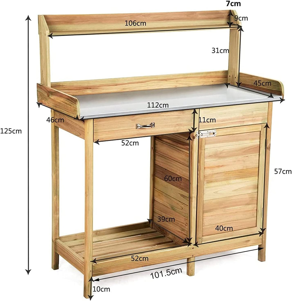 Wooden Garden Potting Bench Tables Work Station with Metal Table Top, Cabinet, Sliding Drawer and Hook,Storage Boacttom Shelf,101.6x41.4x125cm