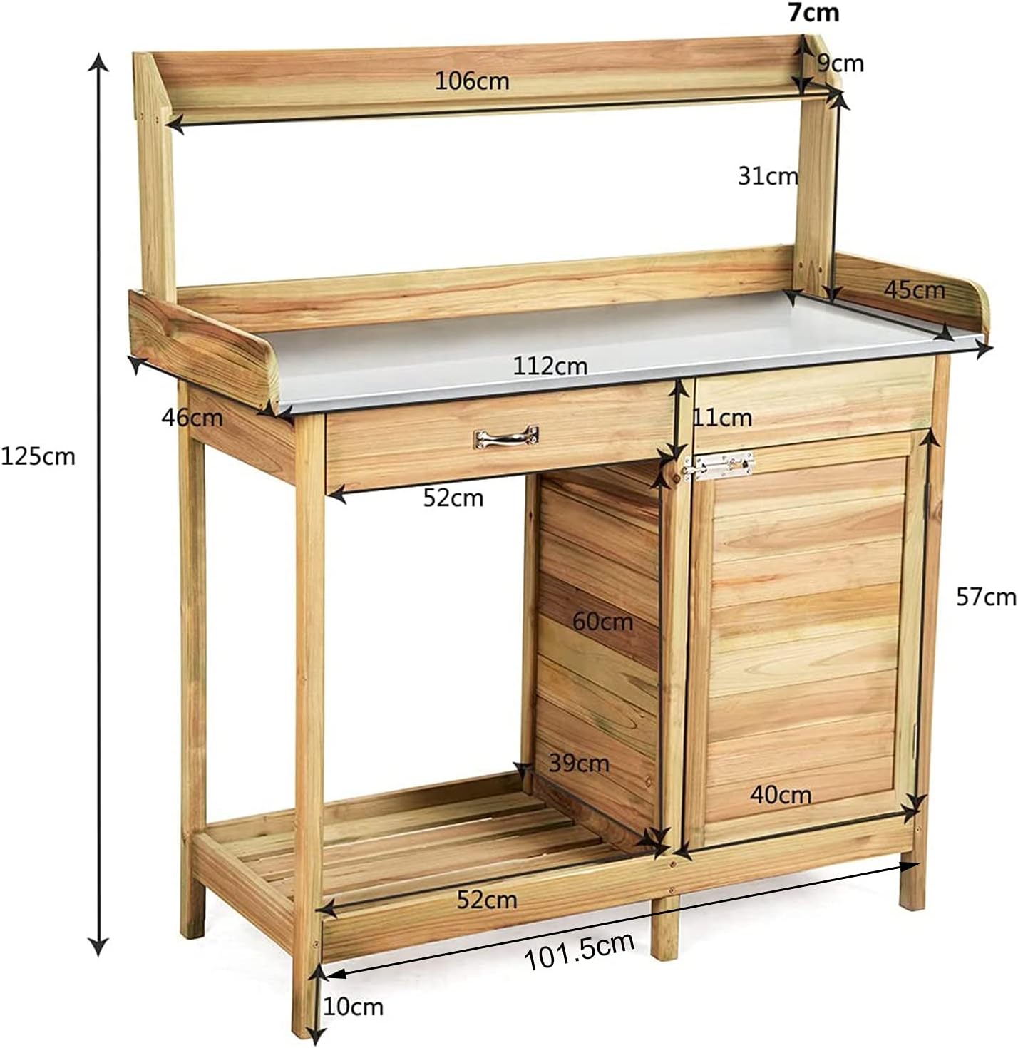 Wooden Garden Potting Bench Tables Work Station with Metal Table Top, Cabinet, Sliding Drawer and Hook,Storage Boacttom Shelf,101.6x41.4x125cm