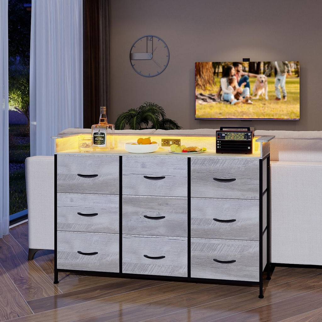EXOTICA Dresser with Charge Station 9 Drawers Dresser for Bedroom with LED Lights Tall Wide Fabric Dressers & Chests of Drawers for Closet Hallway Entryway Sturdy Steel Frame Wood Top