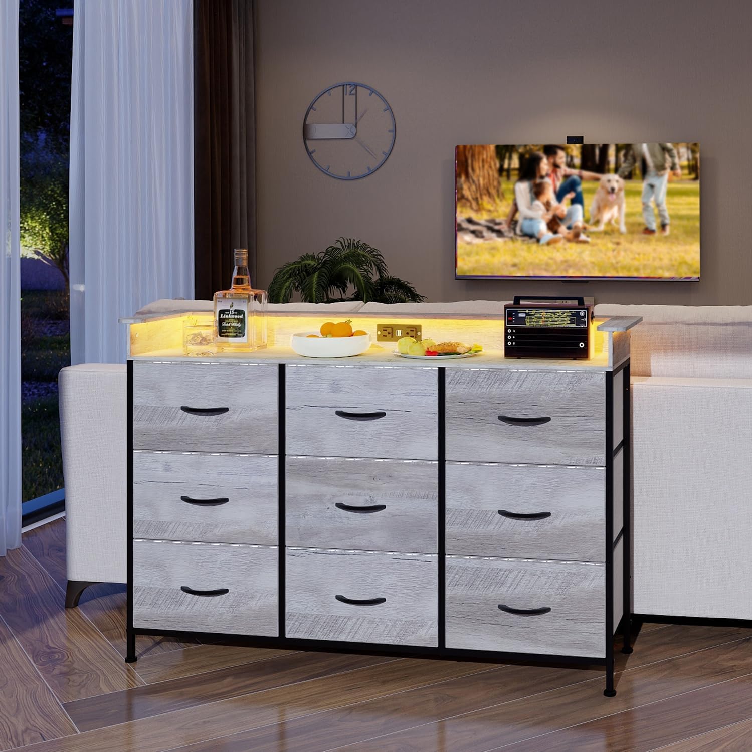 EXOTICA Dresser with Charge Station 9 Drawers Dresser for Bedroom with LED Lights Tall Wide Fabric Dressers & Chests of Drawers for Closet Hallway Entryway Sturdy Steel Frame Wood Top