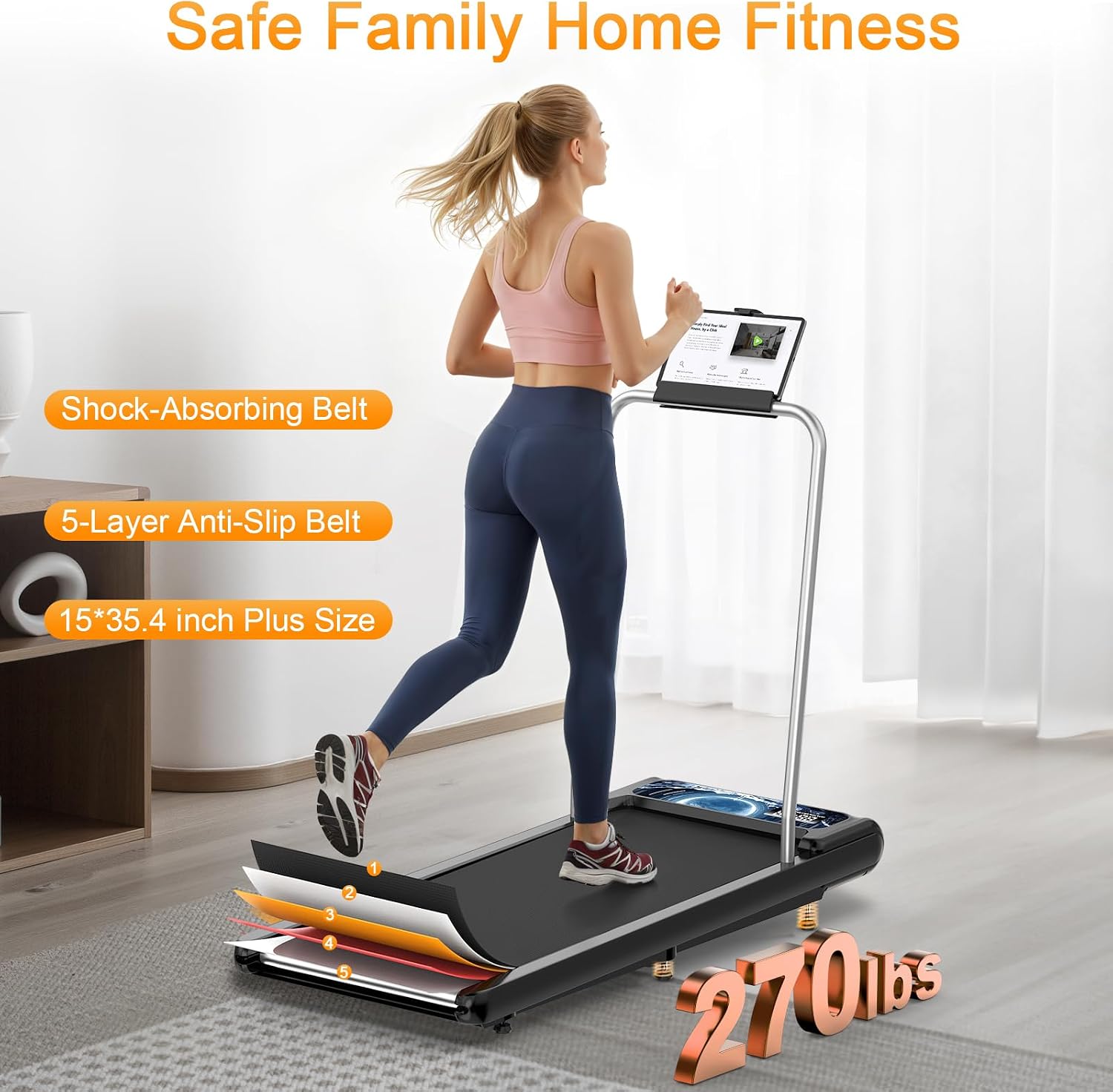 Walking Treadmill Pad with Handle Bar, Silent Fitness Equipment, Treadmill with 4-in-1 Modes, Easy Assembly, Portable Home Gym Equipment