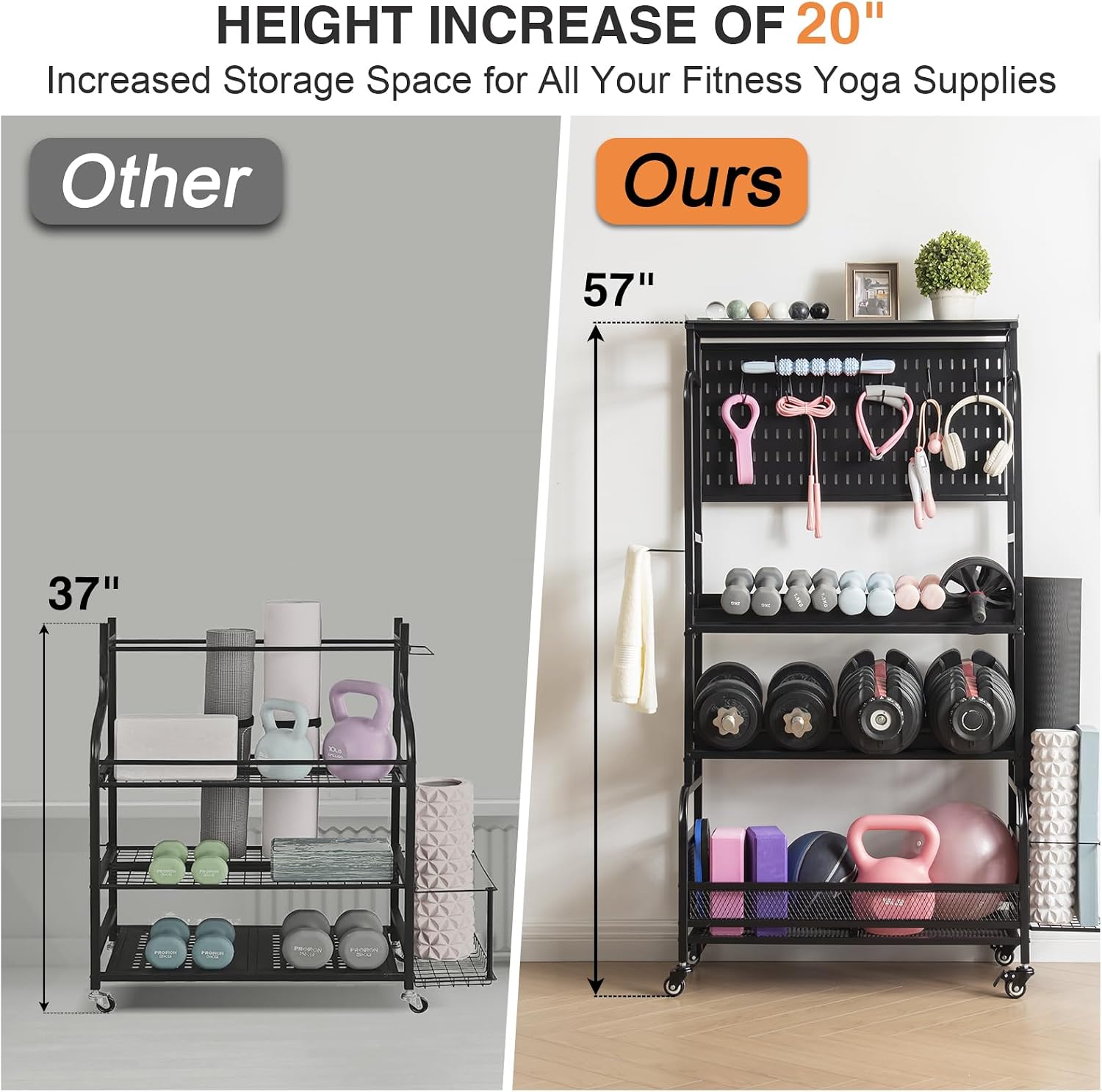 Taller Home Gym Storage Organizer, Yoga Mat Storage Rack with Hanging Board, Exercise Workout Equipment Storage Stand for Home Gym, Dumbbell Holder Kettlebell Rack with Wheels and Hooks
