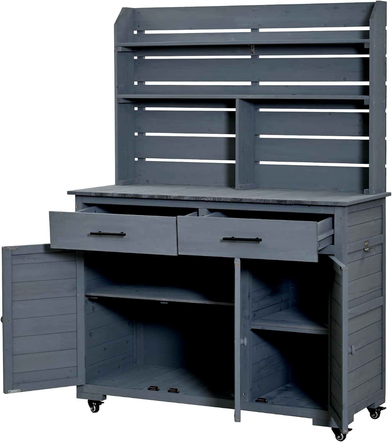 LUMISOL Garden Storage Potting Bench with Lockable Wheels, 65'' H Patio Workstation with Hutch Top, Outdoor Kitchen Island with Drawers, Removal Shelves, and Storage Cabinets, for Grilling, Gray