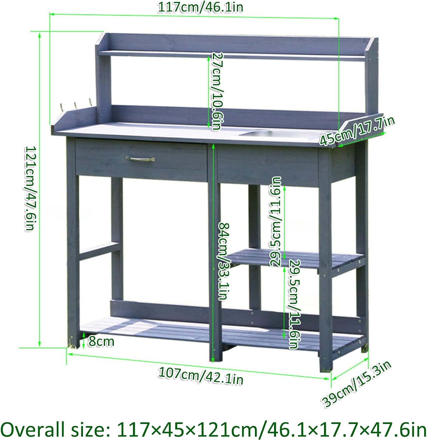 Planting Work Bench with Removable Sink with Storage Shelves and Drawer Gardening Bench Potting Table YCDJCS (Color : Blue, Size : 117x45x121cm)