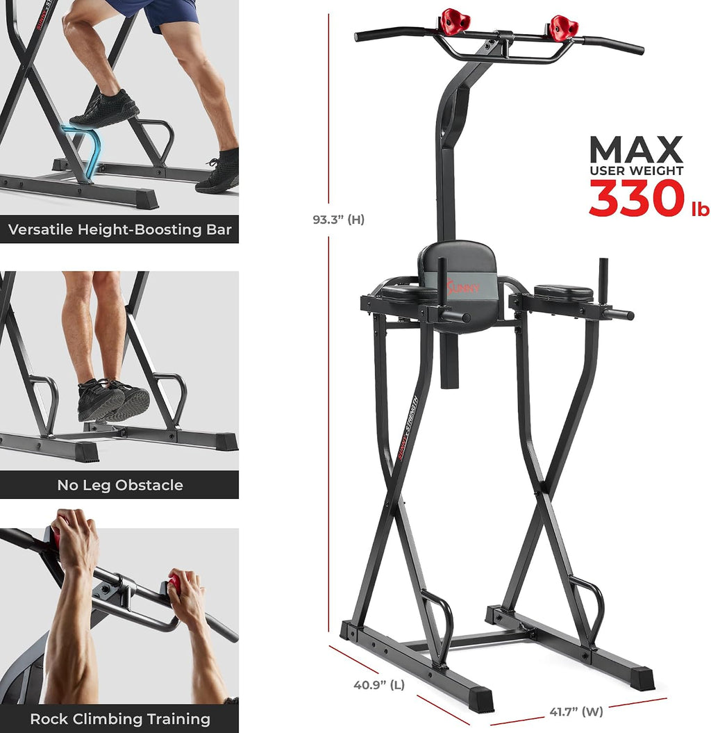 Sunny Health & Fitness Power Tower Dip Station & Pull-Up Bar, Multi-Function Strength Training Equipment with Captain's Chair, Push-Up Bars & Core Workout for Home Gym