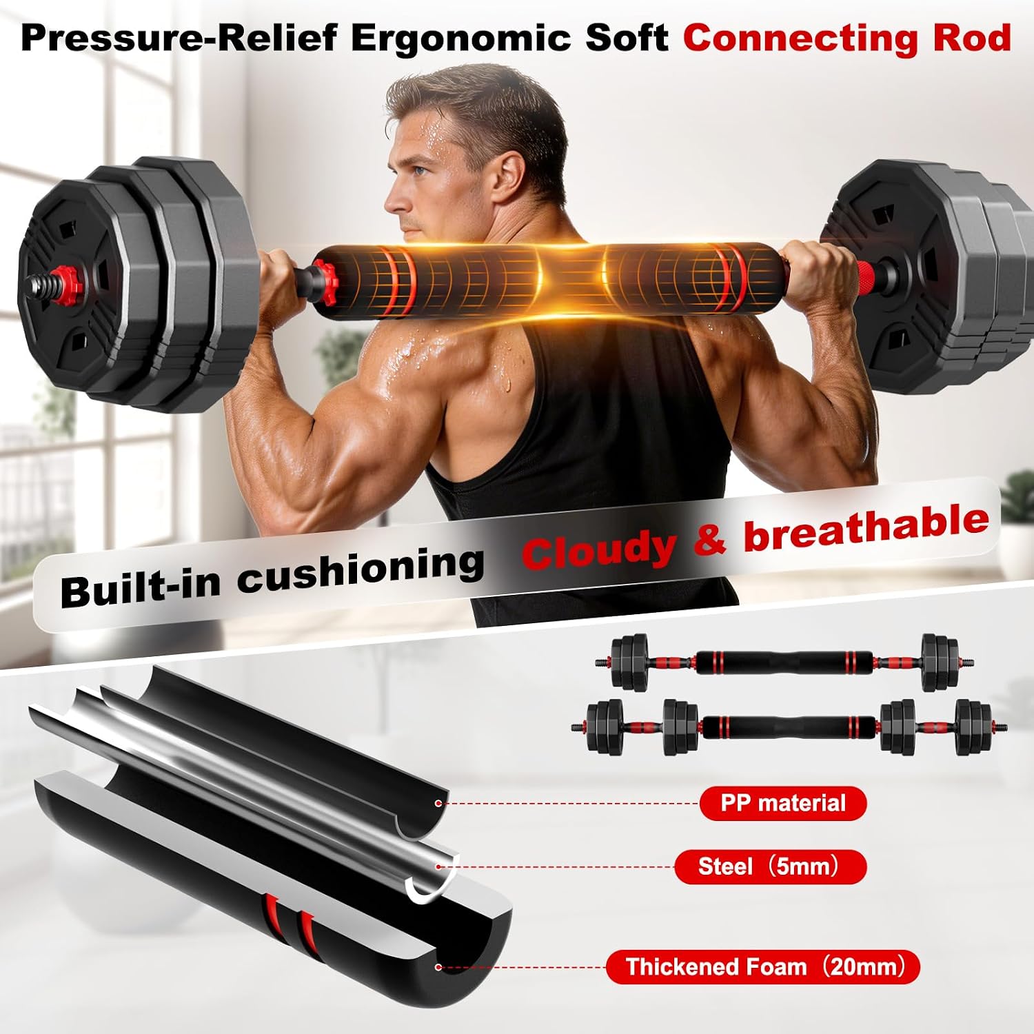 Adjustable dumbbell set, 20/30/45/70/90lbs Free Weight Set with Connector, 5 in1 Multi-Function Dumbbells Set Used as Barbell & Kettlebell, Push up Stand, Fitness for Home Gym Suitable Men/Women
