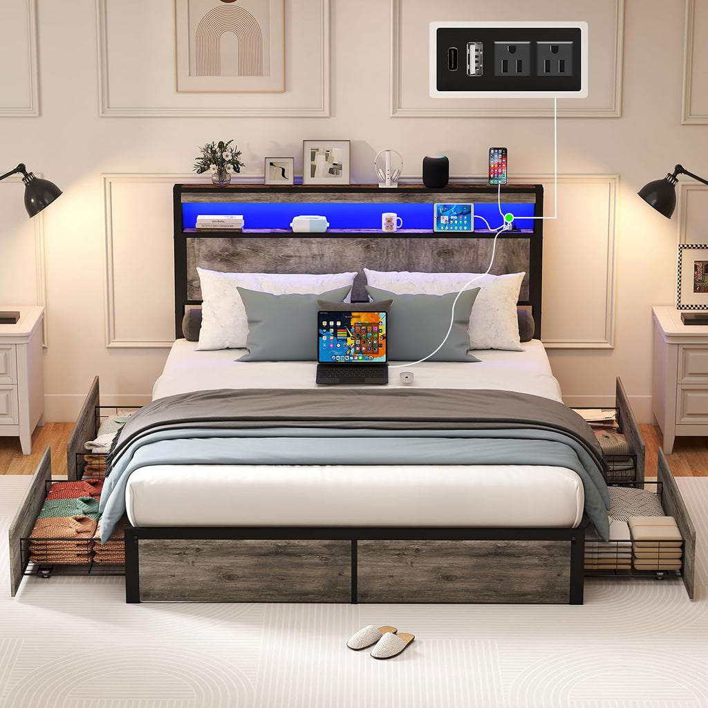 SADENICEL Queen Bed Frame with Storage Headboard, Metal Platform Queen Size Bed Frame Wood with 4 Drawers, LED Light, Charging Station, No Box Spring Needed, Noise Free, Easy Assembly, Grey