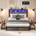SADENICEL Queen Bed Frame with Storage Headboard, Metal Platform Queen Size Bed Frame Wood with 4 Drawers, LED Light, Charging Station, No Box Spring Needed, Noise Free, Easy Assembly, Grey