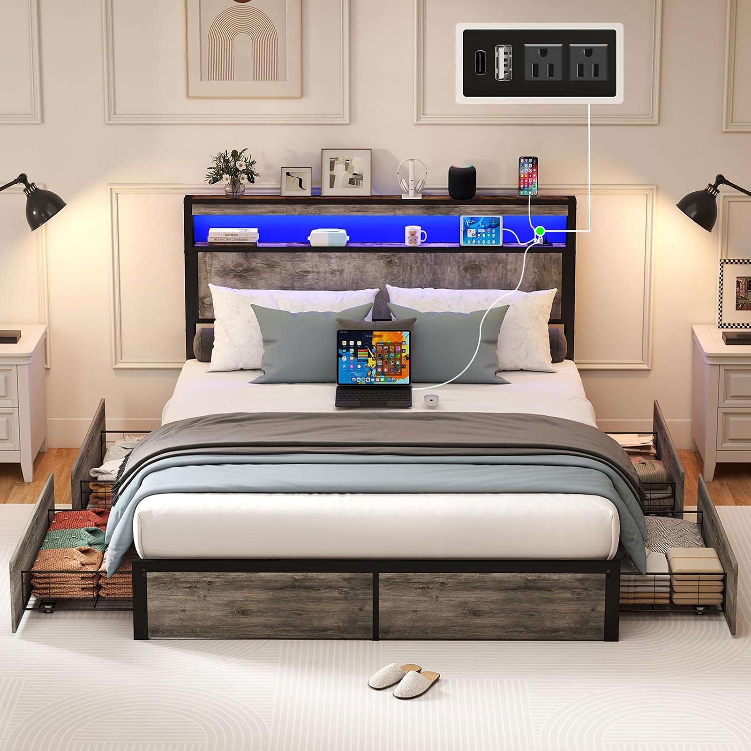 SADENICEL Queen Bed Frame with Storage Headboard, Metal Platform Queen Size Bed Frame Wood with 4 Drawers, LED Light, Charging Station, No Box Spring Needed, Noise Free, Easy Assembly, Grey