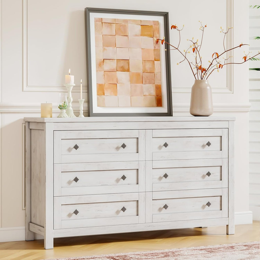 LUXOAK Bedroom Dresser and Nightstand 3 Piece Set, 1 X Wood Rustic 6 Drawer Storage Dresser, Nightstand Set of 2 with Charging Station, Farmhouse Bedroom Furniture Set, Rustic White