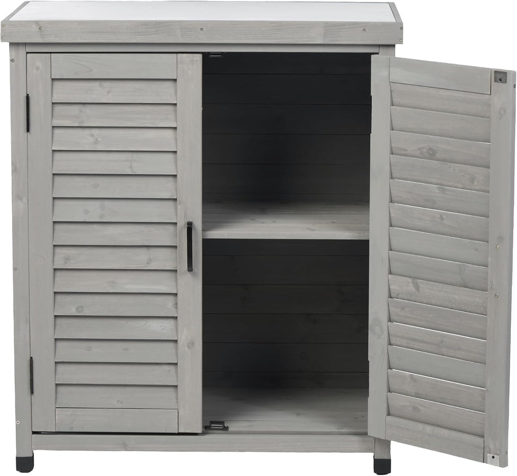 Potting Bench with Storage Cabinet and Metal Table Top for Outdoor Patio, GFurniture Wood Workstation Grey 31.5x17x36''