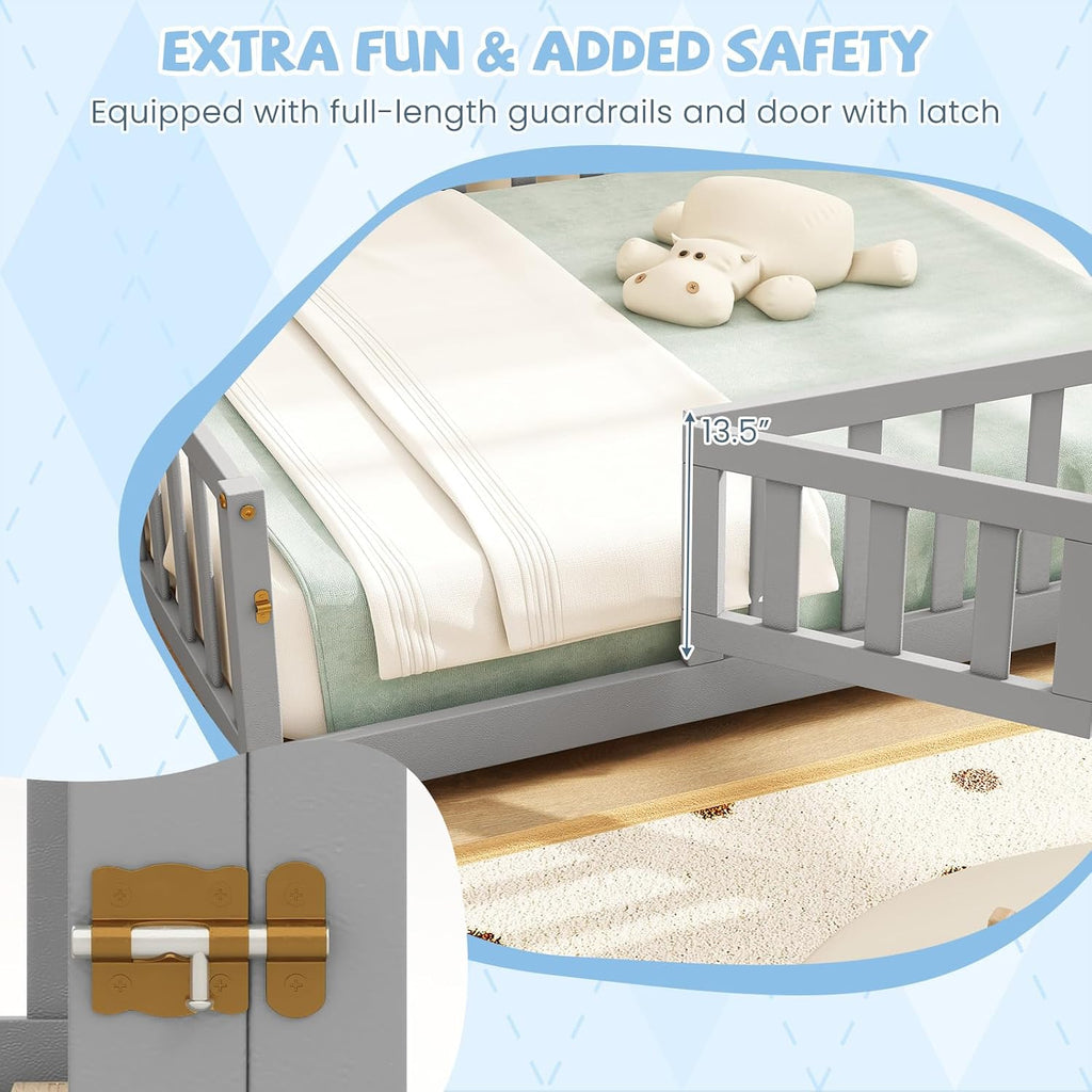 Giantex Full Size Floor Bed for Kids, Low Montessori Bed with Wood Slats & Safety Guardrails, Solid Wood Full Floor Beds with Fence and Door for Kids Boys Girls, Grey