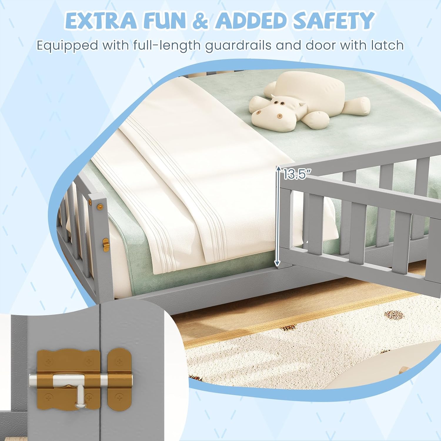 Giantex Full Size Floor Bed for Kids, Low Montessori Bed with Wood Slats & Safety Guardrails, Solid Wood Full Floor Beds with Fence and Door for Kids Boys Girls, Grey