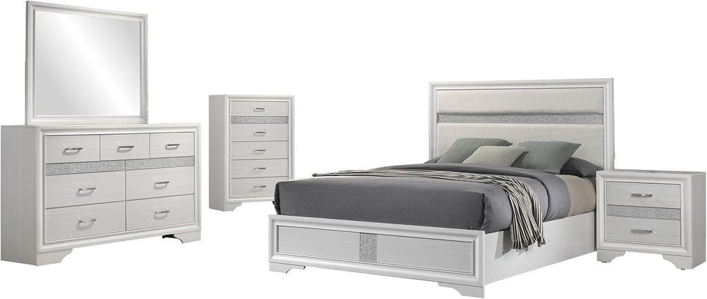 Coaster Home Furnishings Miranda Contemporary 5-Piece Bedroom Set Fabric Upholstered Full Size Panel Bed Frame 54-inch Headboard White 205110F-S5