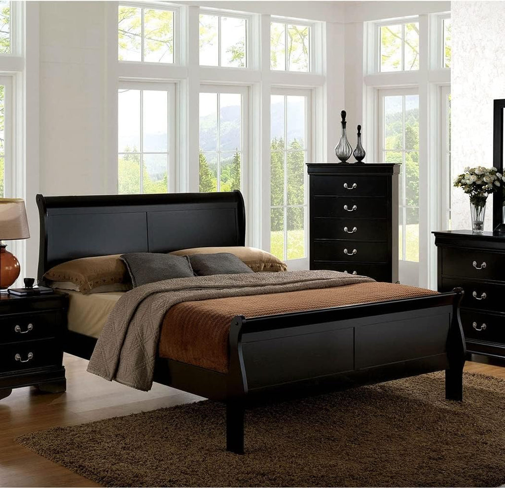 Transitional Louis Philippe Full Size Bed 2X Nightstands 3pc Set Master Bedroom Furniture Black Color Solid Wood Sleigh Design