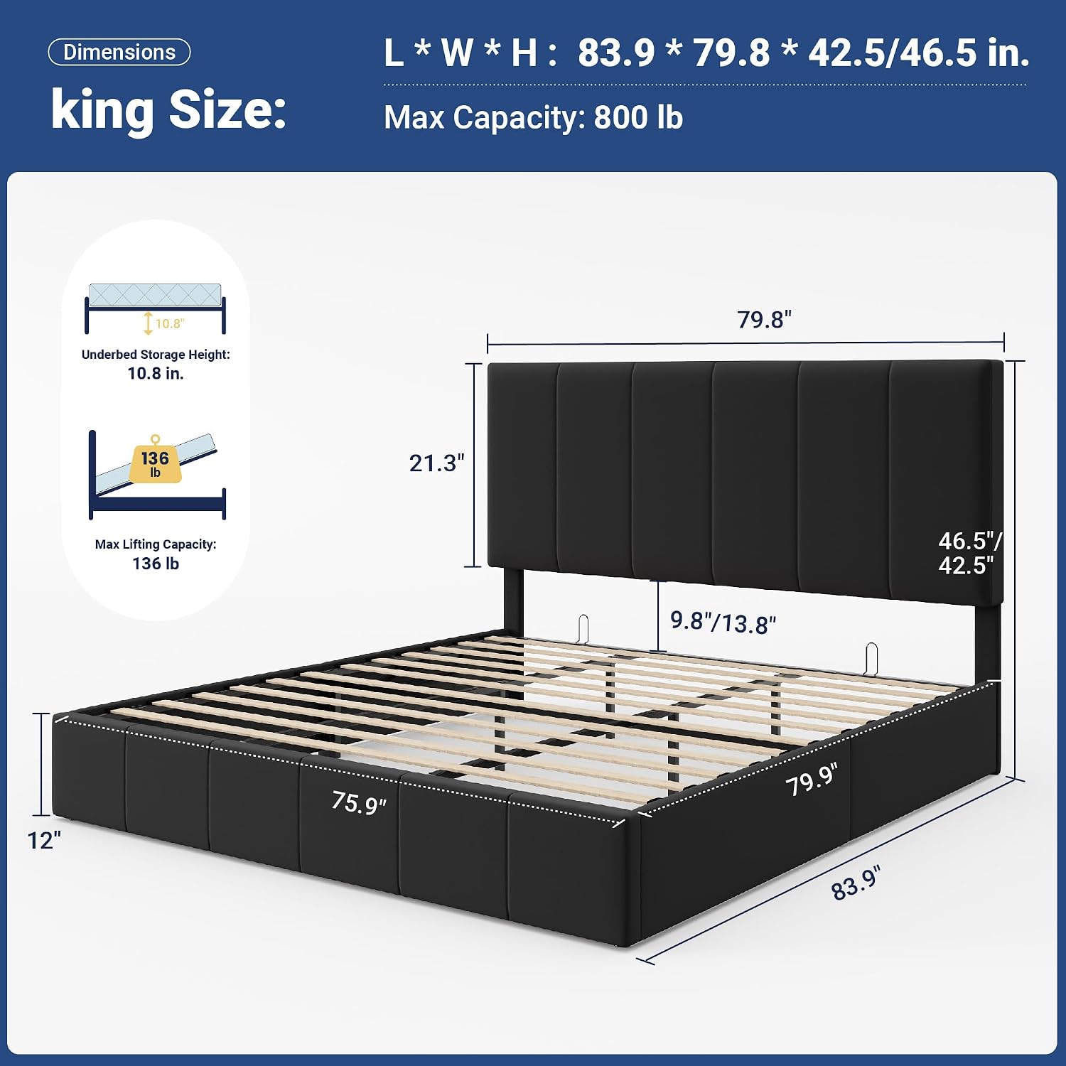 Allewie King Size Velvet Lift Up Storage Bed Frame, Vertical Channel Tufted Headboard, Hydrualic Underneath Storage, Upholstered Platform Bed, Wooden Slats Support, No Box Spring Needed, Black