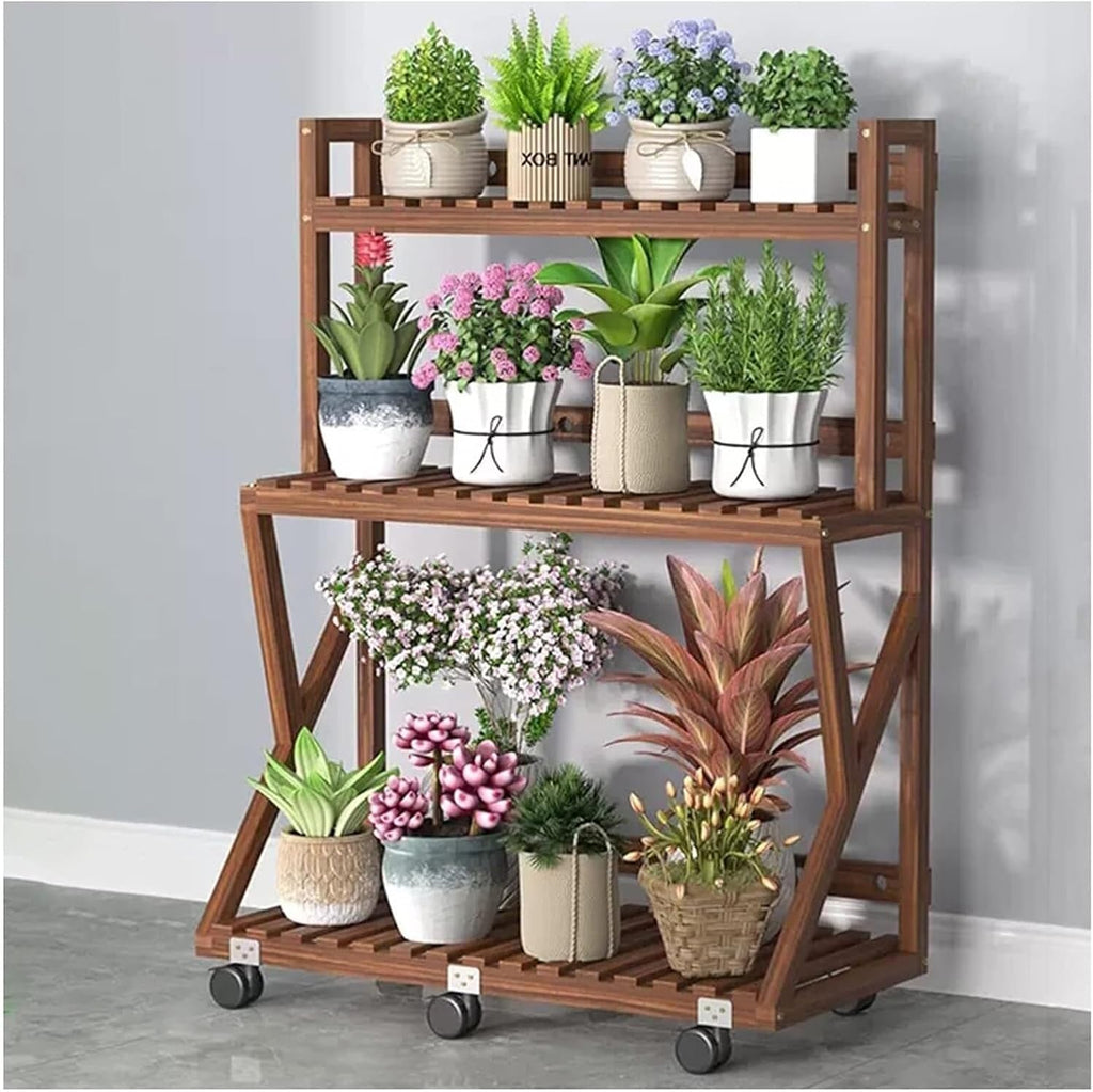 Potting Bench Table,Garden Potting Table, Plant Stands Outdoor Wooden Garden Shelf 3-Tier Plant Shelves with Universal Wheel for Patio Storage and Organizing Garden Items and Plant Accessories ( Color