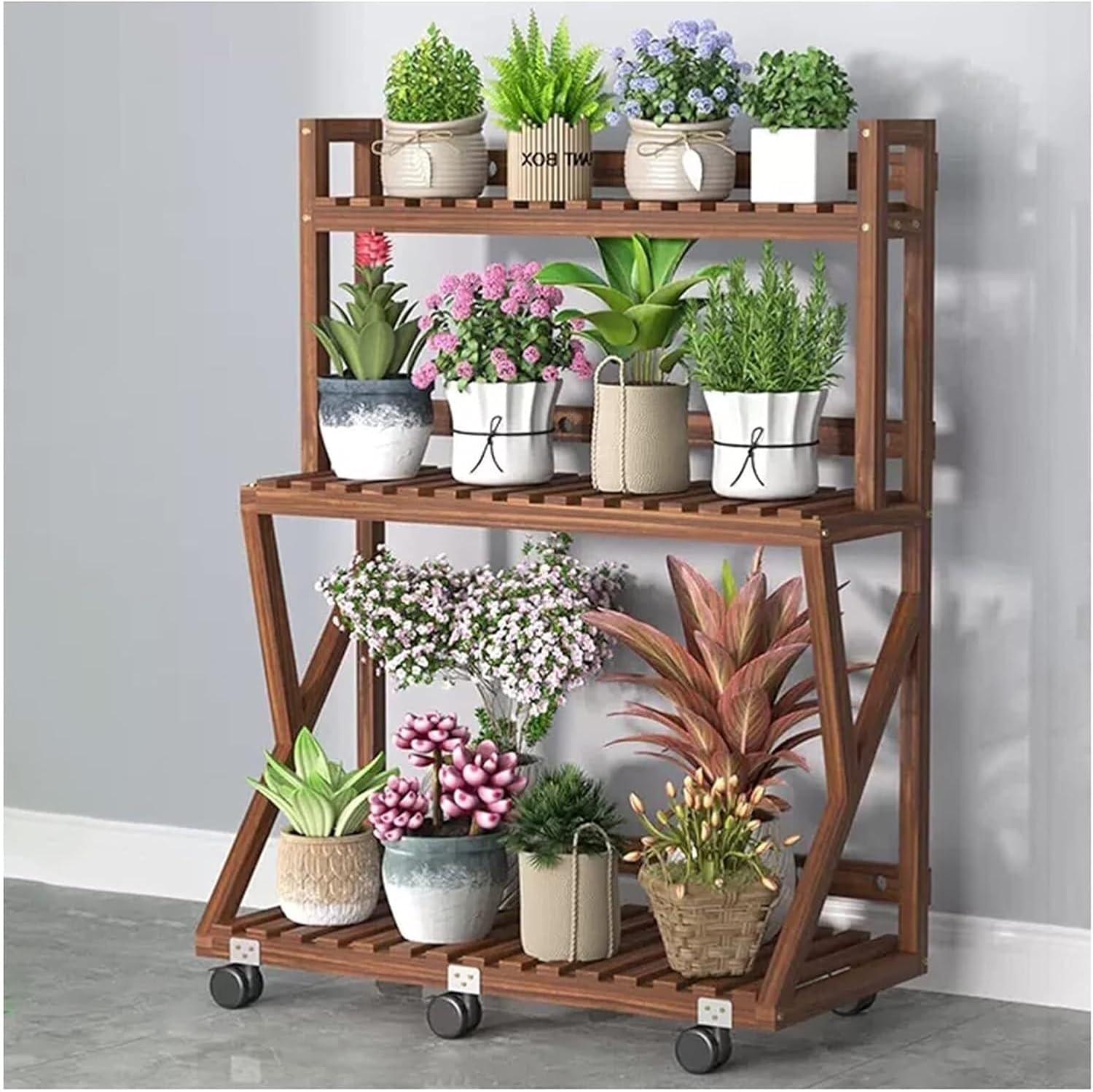 Potting Bench Table,Garden Potting Table, Plant Stands Outdoor Wooden Garden Shelf 3-Tier Plant Shelves with Universal Wheel for Patio Storage and Organizing Garden Items and Plant Accessories ( Color