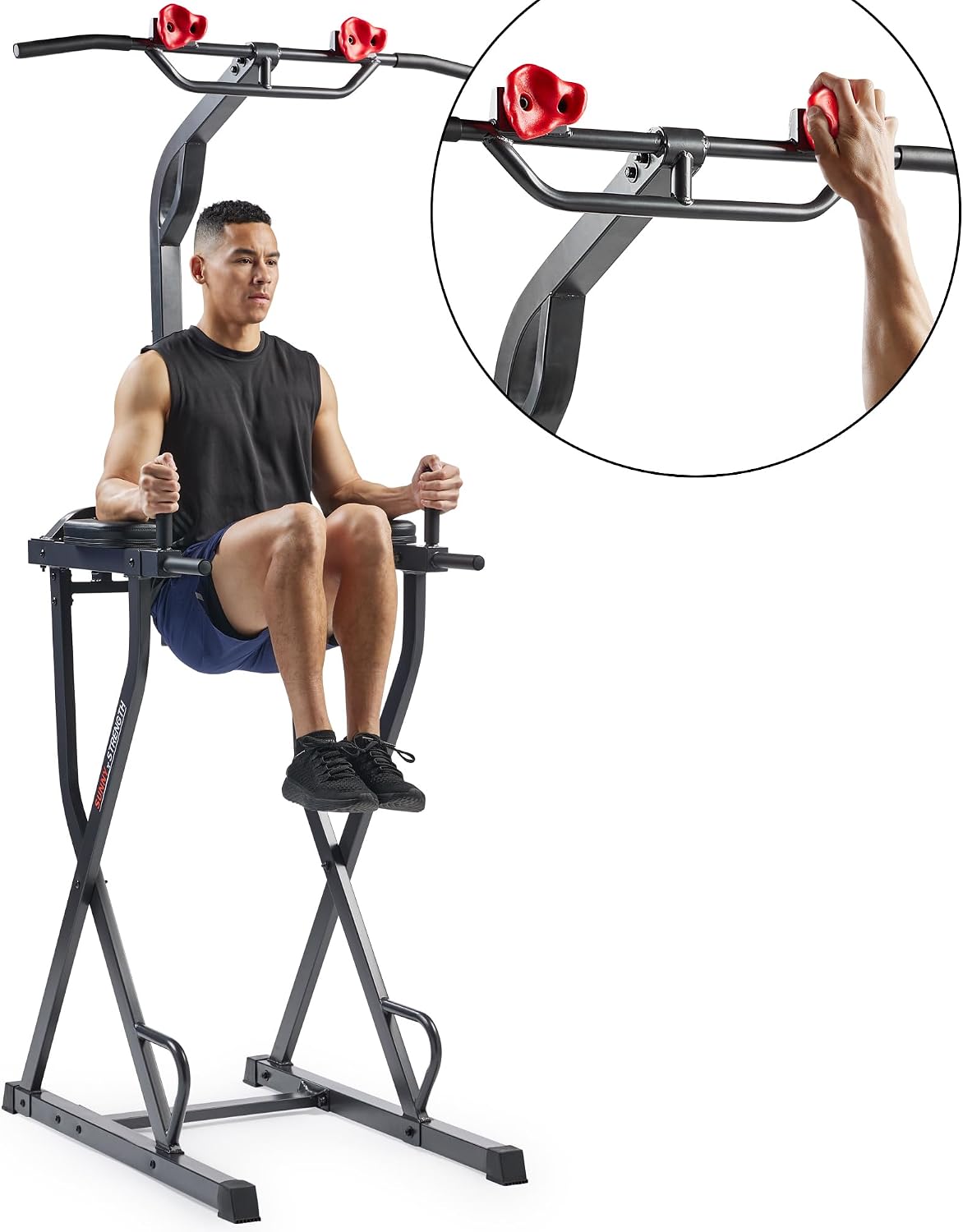 Sunny Health & Fitness Power Tower Dip Station & Pull-Up Bar, Multi-Function Strength Training Equipment with Captain's Chair, Push-Up Bars & Core Workout for Home Gym
