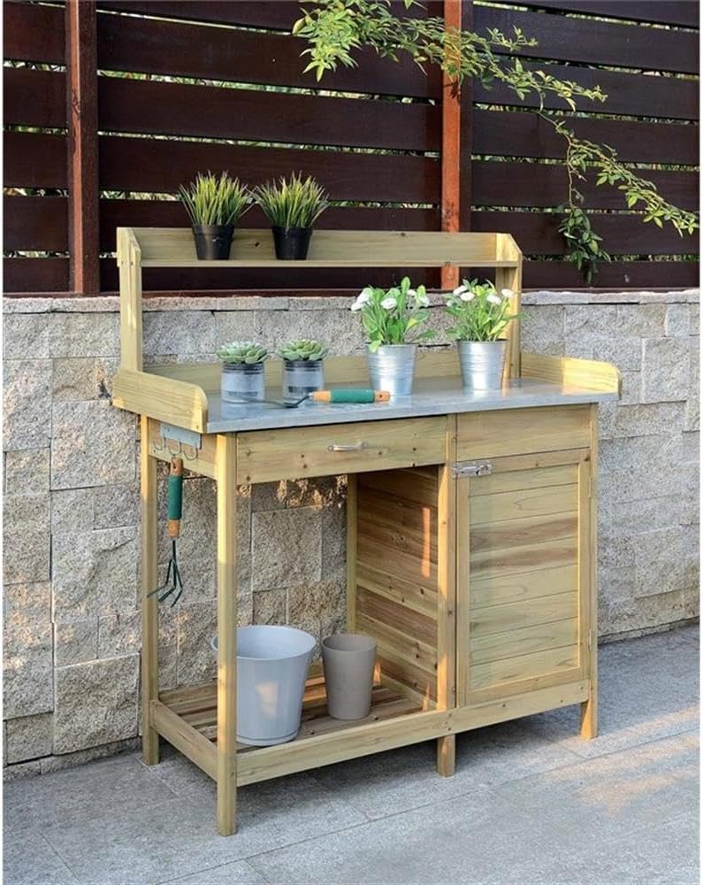 Pemberly Row Deluxe Potting Bench, 49' H x 44' W x 18' D, Natural Fir Wood Finish, Weather Resistant, Cabinet and Drawer, Open Shelf, Spacious Worktop, Pre-Attached Side Hooks, Outdoor Gardening