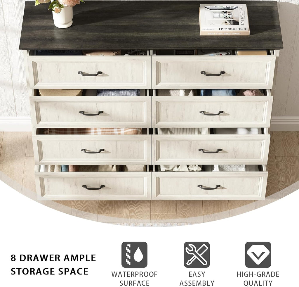 CARPETNAL Farmhouse 8 Drawer Dresser for Bedroom, 55' Wide Modern White Dresser TV Stand with Large Drawers & Bar Handles, Rustic Wood Chest of Drawers for Bedroom, Living Room, Hallway, Entryway.