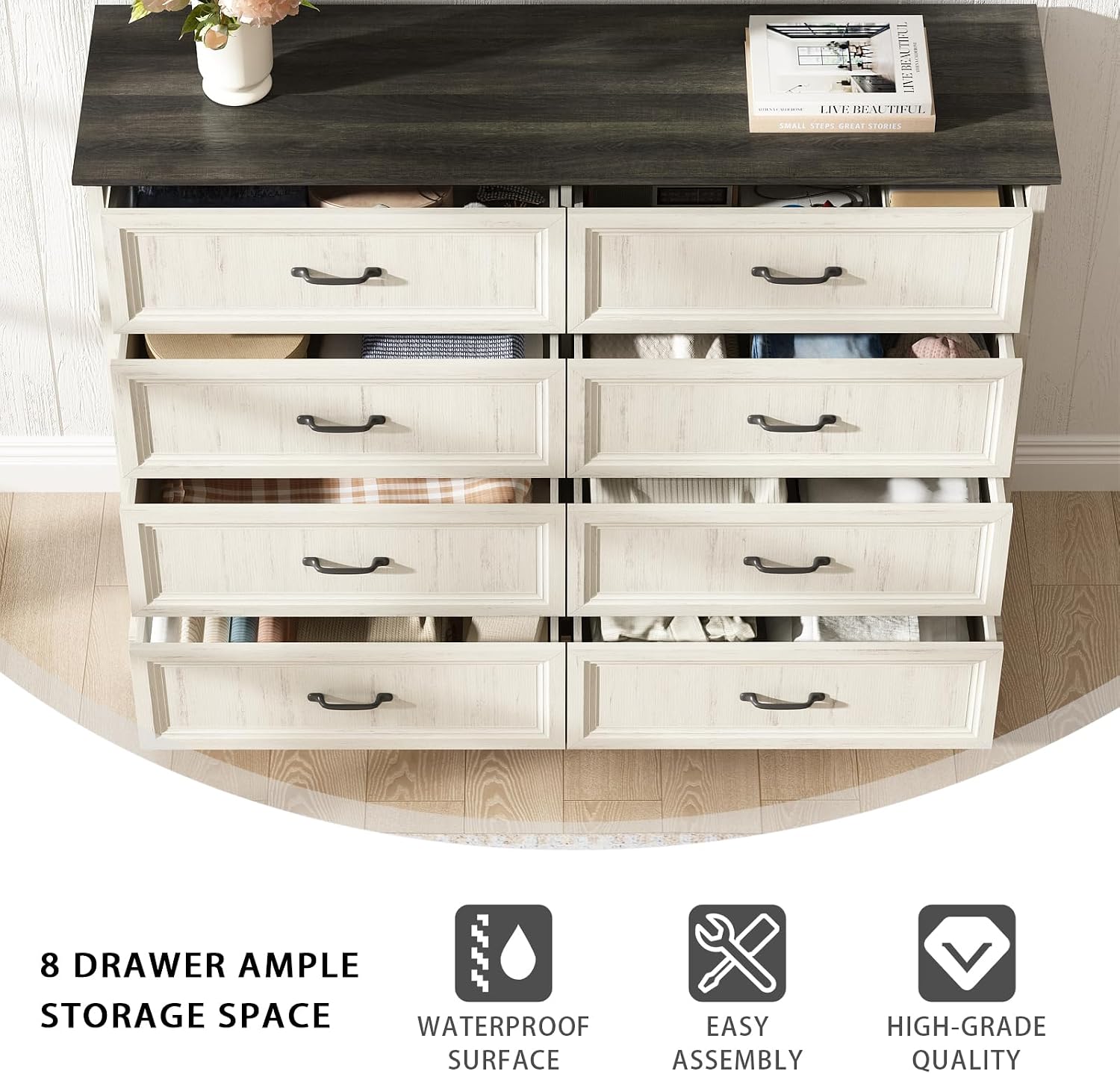 CARPETNAL Farmhouse 8 Drawer Dresser for Bedroom, 55' Wide Modern White Dresser TV Stand with Large Drawers & Bar Handles, Rustic Wood Chest of Drawers for Bedroom, Living Room, Hallway, Entryway.
