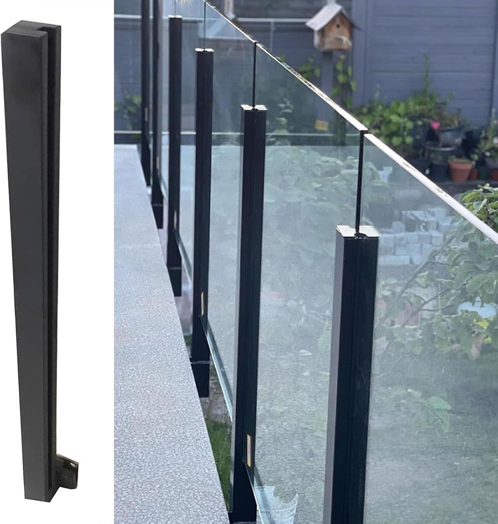 Custom Heights Wall Side Mount Black Glass Railing Post Side Mount, Outdoor Pool Fence Panels Baluster Post, Deck Railing System with Complete Kit for Exterior Steps Villas Balcony/ Stairway(Right End