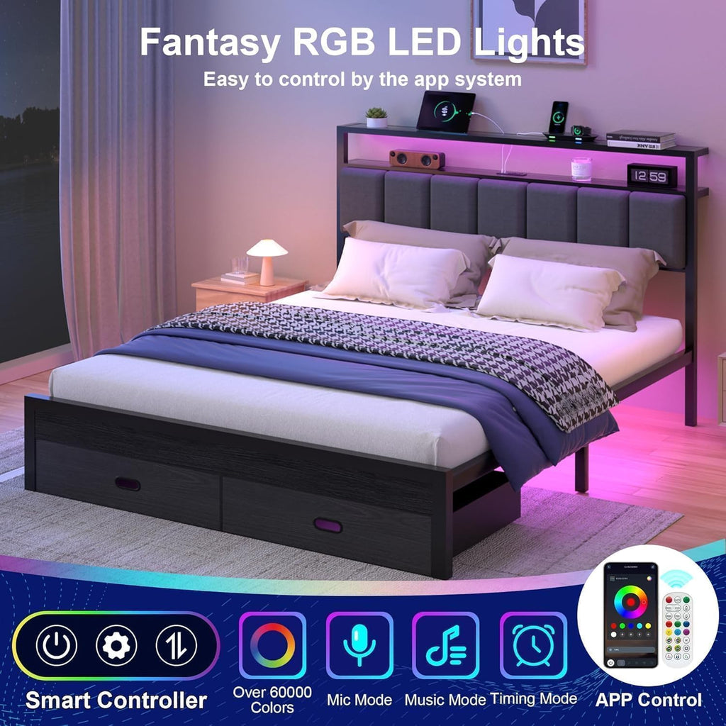 Queen Bed Frames with Storage Drawer, Platform Bed with Charging Station and LED Lights, Upholstered Headboard with 2-Tier Storage Shelves, No Box Spring Needed