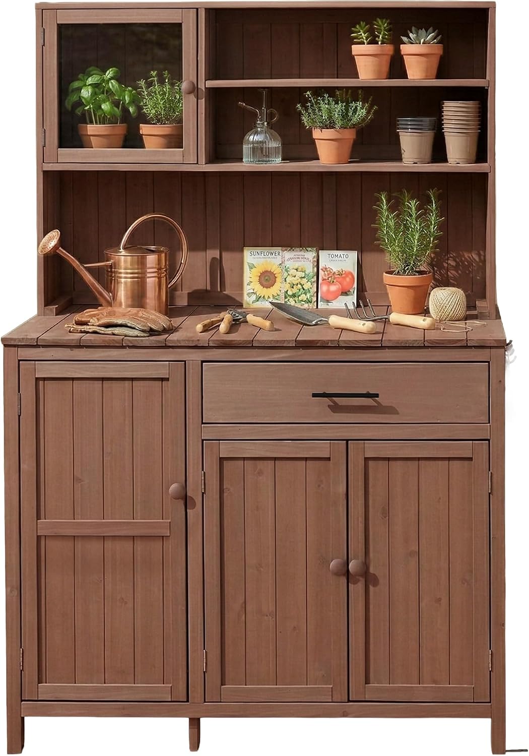 Outdoor Potting Bench with Large Countertop and Hutch, Wood Garden Workstation with Adjustable Shelves, Spice Rack, Side Hook and Drawer (Brown)