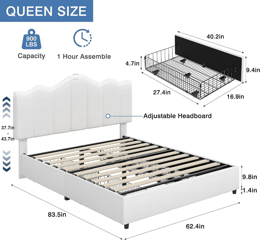 VECELO Queen Size Platform Bed Frame with Type-C & USB Charging Stations/4 Storage Drawers, Upholstered Adjustable Headboard, Strong Wooden Slats Support, No Box Spring Needed, Easy Assembly