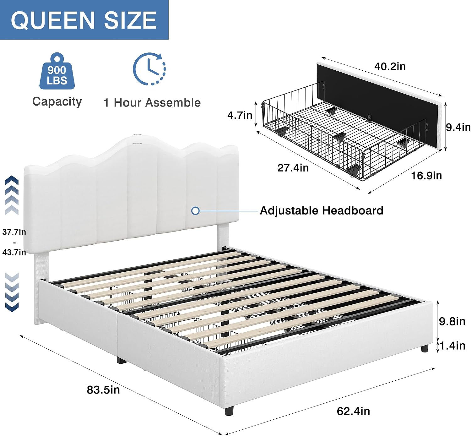 VECELO Queen Size Platform Bed Frame with Type-C & USB Charging Stations/4 Storage Drawers, Upholstered Adjustable Headboard, Strong Wooden Slats Support, No Box Spring Needed, Easy Assembly