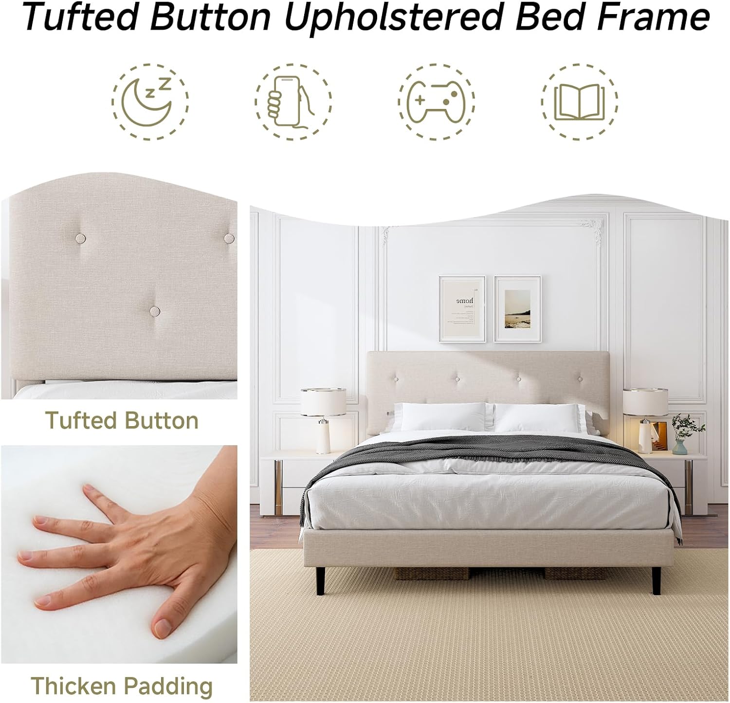 Full Size Linen Bed Frame, Upholstered Platform Bed Frame with Adjustable Headboard, Wooden Slats Support, No Box Spring Needed, Easy Assembly, Beige
