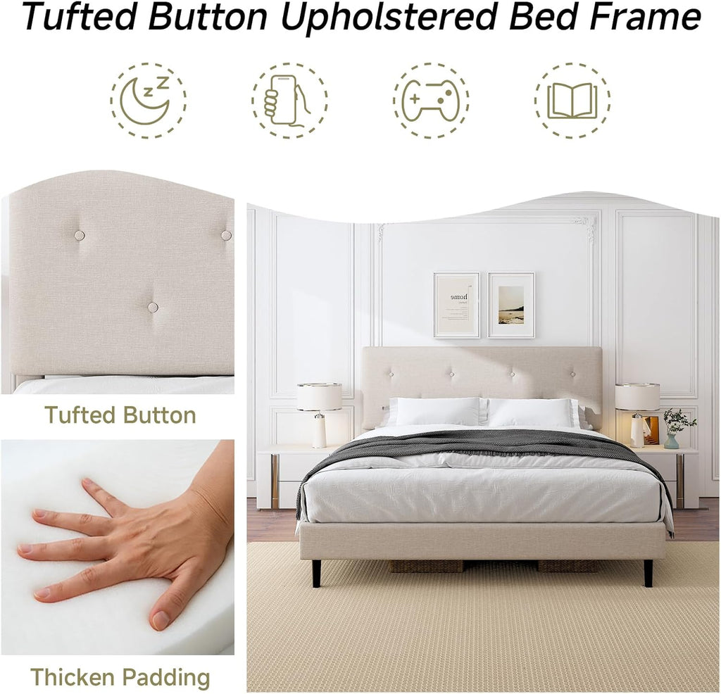 Queen Size Linen Bed Frame, Upholstered Platform Bed Frame with Adjustable Headboard, Wooden Slats Support, No Box Spring Needed, Easy Assembly, Beige