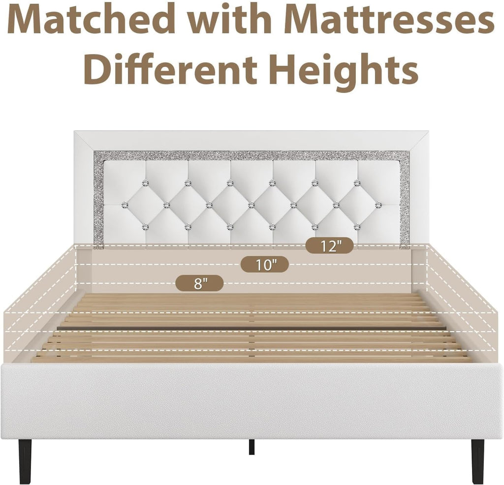 BarnFurin Full Size Bed Frame with Tufted Button Headboard, Upholstered Platform Bed Frame with Diamond Design, Wood Slat Support, No Box Spring Needed, Easy Assembly, White