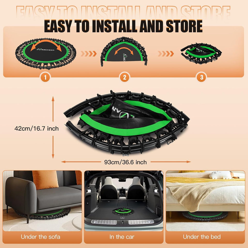 ANCHEER 40'/48' Foldable Mini Trampoline,Max Load 450lbs/550lbs Indoor Trampoline,with 4 Level Adjustable Foam Handle and Resistance Bands,Adult Exercise Trampoline for Home, Garden, and Gym