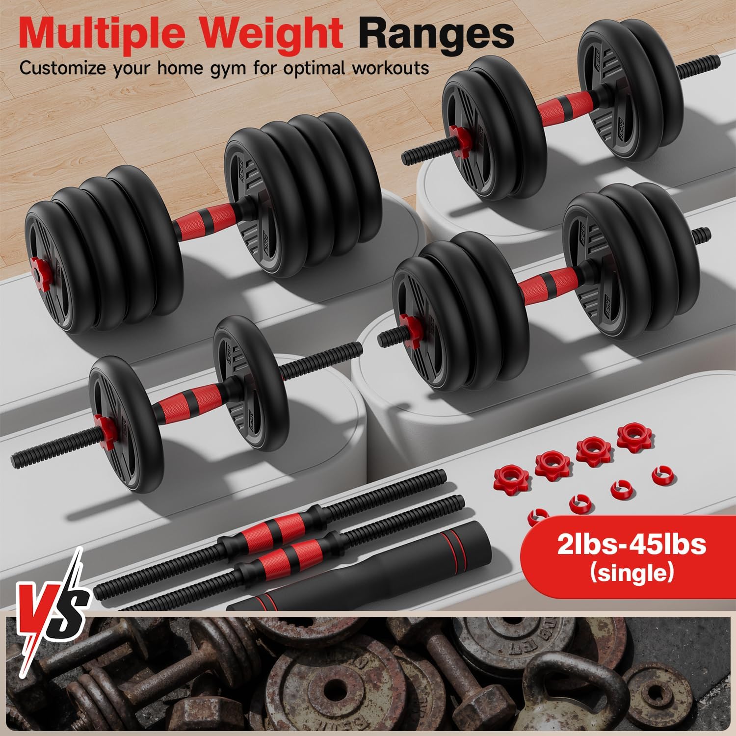 Adjustable Dumbbell Set, 20/30/45/70/90lbs Free Weight Set With Double Locknut, 5-in-1 Dumbbells Set Includes Barbell, Kettlebells, Push up Stand, Weight Plate, Fitness Exercise for Home Gym Suitable Men/Women