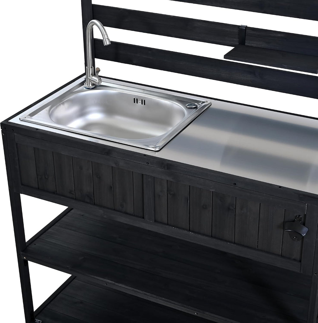 Merax 41.7'' W Outdoor Kitchen Island with Sink, Garden Potting Bench with Stainless Table Top, Rolling Grill Cart with Adjustable Shelves and 1 Bottle Opener,Black