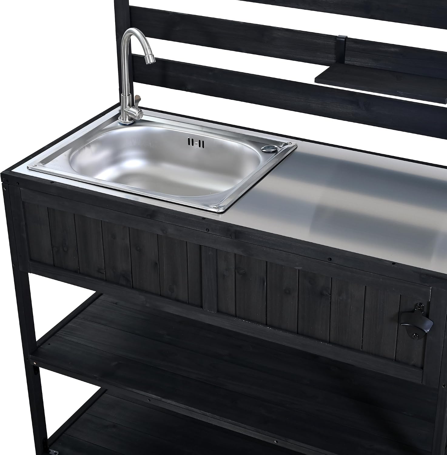 Merax 41.7'' W Outdoor Kitchen Island with Sink, Garden Potting Bench with Stainless Table Top, Rolling Grill Cart with Adjustable Shelves and 1 Bottle Opener,Black