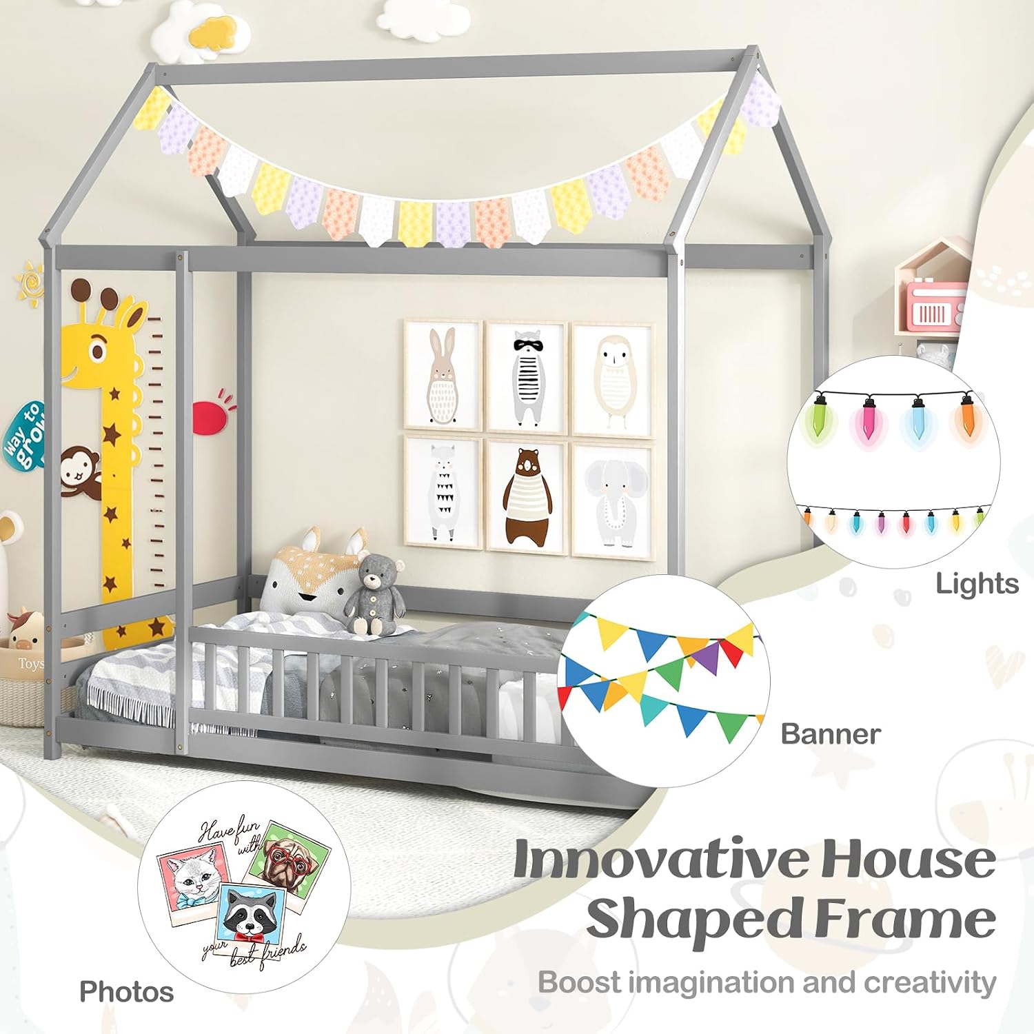 KOMFOTT Twin Size Floor House Bed, Wooden Montessori Bed with Roof & Full-Length Safety Guardrail, Floor Playhouse Bed Frame for Kids, Girls, Boys (Grey)