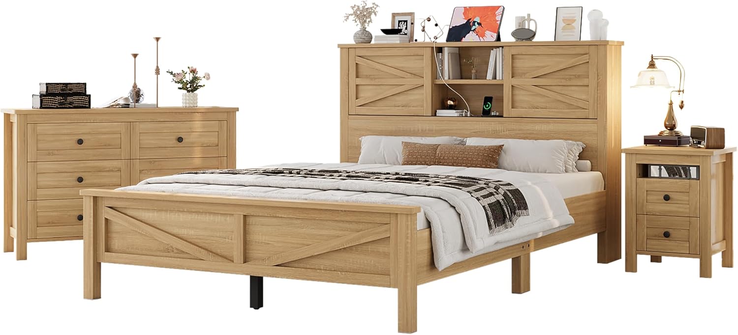 Farmhouse 3-Piece Full Size Bedroom Furniture Set, Platform Bed with Double Sliding Door Storage Headboard & Charging Station, Bed Frame with Storage Nightstand and Dresser (Natural, Queen) | 3-Piece