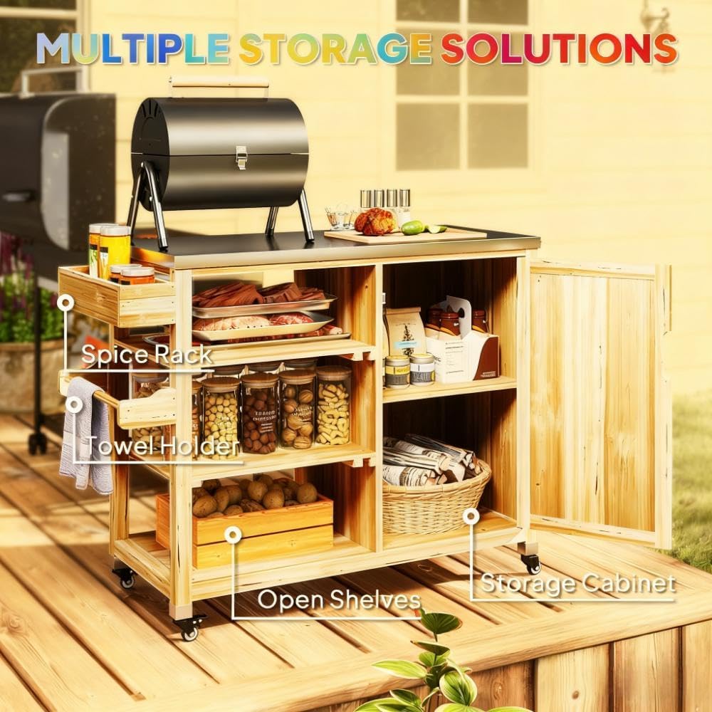 Outdoor Grill Table Cart with Stainless Steel Top, Solid Wood Outdoor Kitchen Island with Wheels and Storage Cabinet, Food Prep Table with Open Shelves for BBQ, Patio, Kitchen, Natural Wood