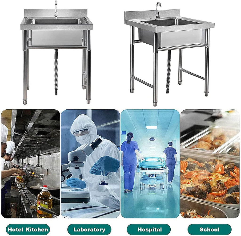 Commercial Sink, Stainless Utility Restaurant Sink,Industrial Sinks Free Standing Utility Sinks with Stands and Workbench for Garage Restaurant Kitchen Outdoor(60 * 60 * 80cm)
