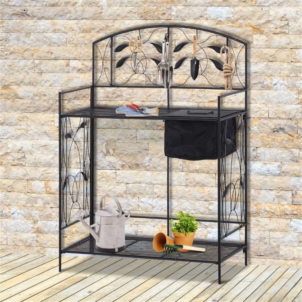 Folding Potting Bench Table, Metal Garden Workstation, Work with Large Build-in Bag with Cover， 5 Hanging Hooks